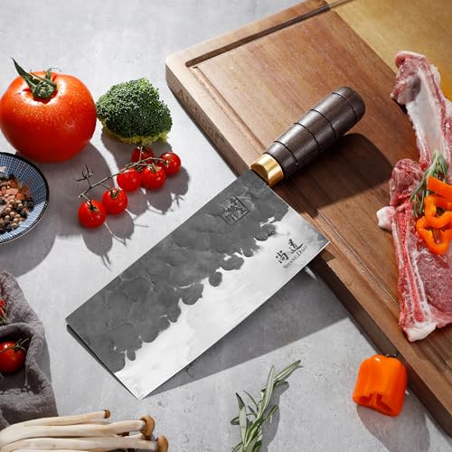 SHANGDAO Couteau à couperet de viande de viande 19 cm, Heavy Duty Razor Sharp Butcher Cleaver Kitchen Knife, High-carbon steel Chopper Knife, Forged Blade & Wood Handle – vue 3