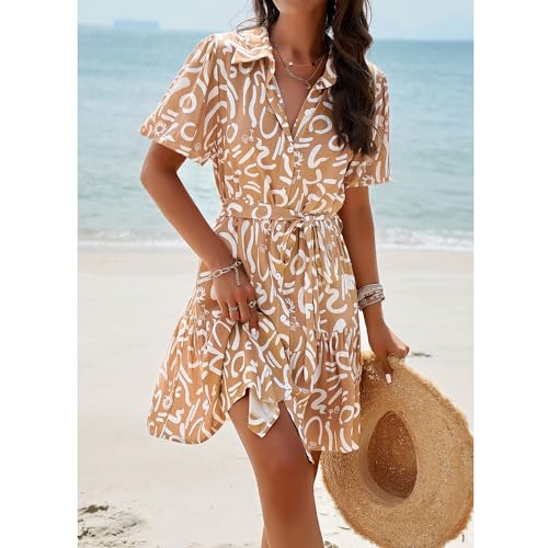 Brovave Women'S Summer Casual Shirt Dress Short Sleeve V Neck Tie Waist Button Down Mini Dress Khaki thumb #2