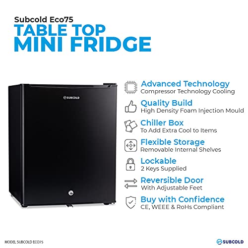 Subcold Eco75 Mini Fridge Black TableTop Model CounterTop Fridge