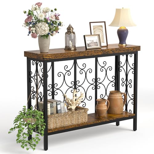 Konsolentisch, 108cm Industrieller Konsolentisch Schmal - Flurtisch Hinter dem Sofatisch mit 2 Etagen Lagerregal aus Holz in Rustikalem Braun für Eingangstisch, Wohnzimmer, Flur