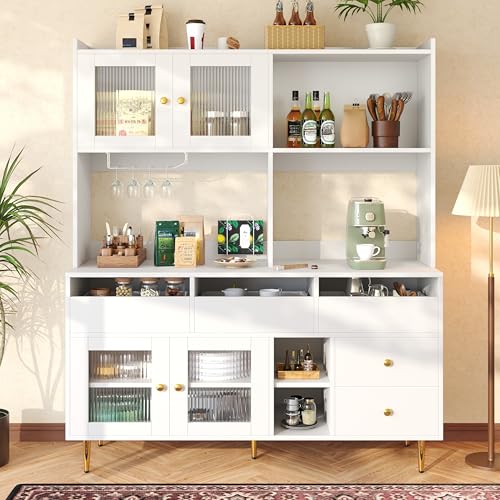 Raeln alacena de Cocina 145cm despensa Blanca aparador Puertas Cristal botellero Tiradores Dorados cajones Mueble Auxiliar Adecuado para Comedor Salon Pasillo Cocina Entrada