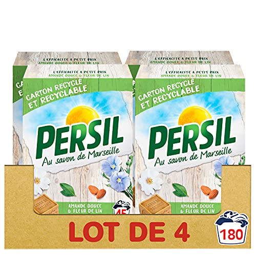Persil Lessive Poudre pour Peaux Sensibles Amande Douce x180, Testé Dermatologiquement, Lessive Concentrée et Efficace, 180 Lavages (Lot de 4 x 45 Lavages)
