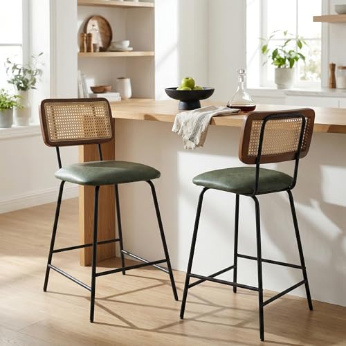 Image of Bar Stools Set of 2, 26 inch Modern Rattan Counter Height Bar Stools with Metal Legs, Upholstered Faux Leather Barstools with Cane Backrest for Kitchen Island Home Bar Restaurant, Green