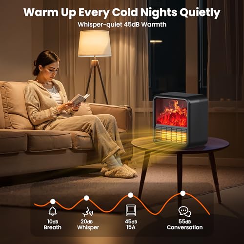 Image of Riseon Small Fireplace heater for Indoor use with Realistic 3D Flame, Space Heater with Thermostat, 1500W /750W PTC Ceramic Heating, Tip-Over Safety Switch, Black