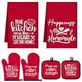Sratte 6 Pcs Farmhouse Kitchen Towels Pot Holders Oven Mitts Set 2 Dish Towels 2 Potholders 2 Cooking Mittens Oven Glove for Baking Cooking Grilling Supply (Red)