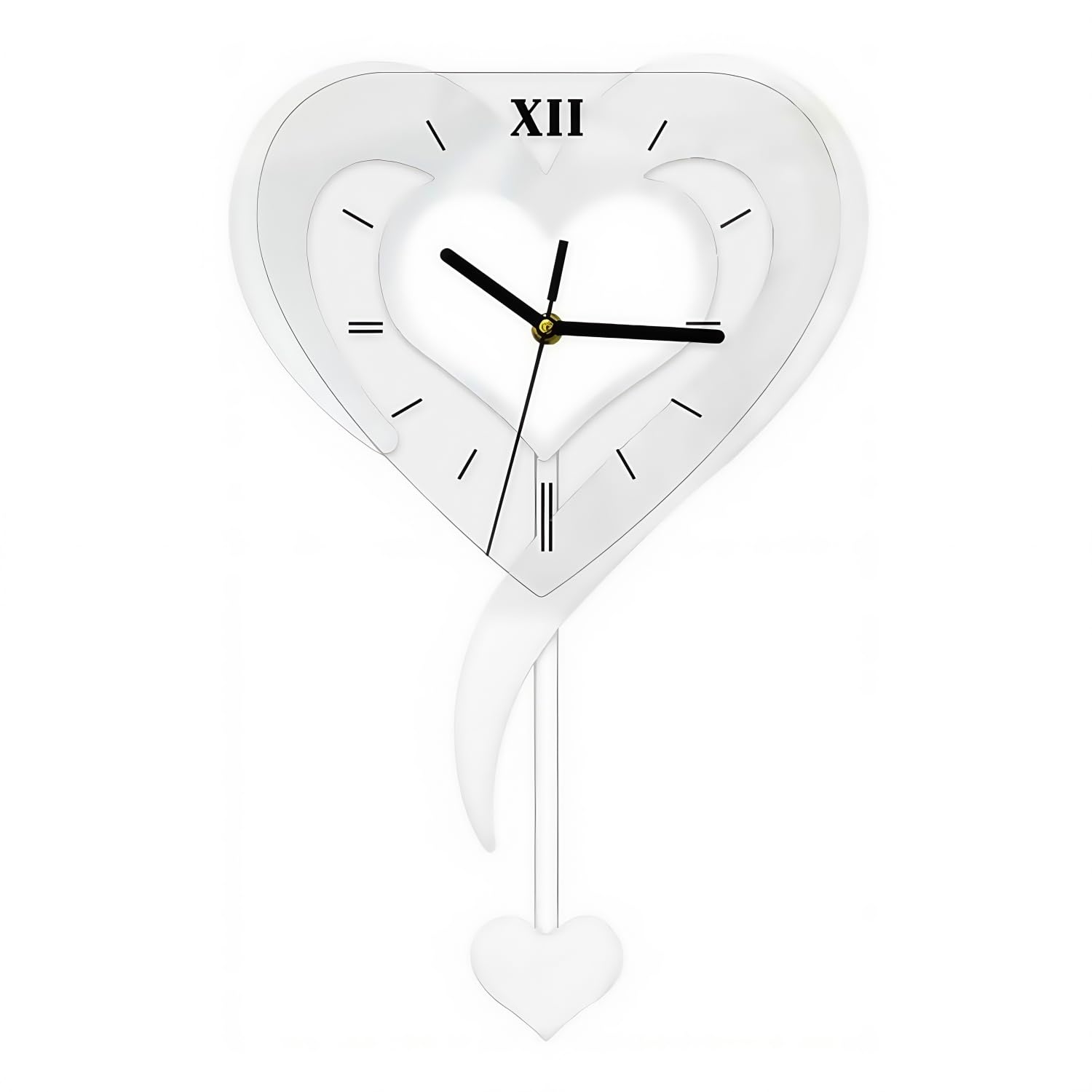Easnea Acrylic Heart Shape Wall Hanging Clock Deorative Wall Clock Romantic Love Heart Clock Battery Operated Silent Creative Wall Clock with Pendulum for Living Room, Bedroom, or Office (White)