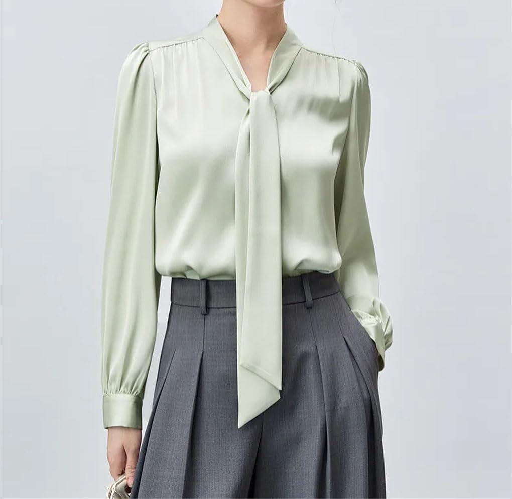 Camicetta formale da donna con scollo a V, colletto con lacci, a maniche lunghe, da lavoro
