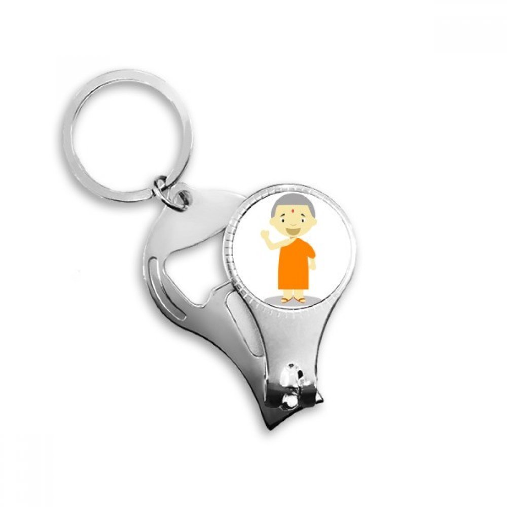 Porte-clés Moine Népal Orange avec Coupe-ongles et Décapsuleur en Métal