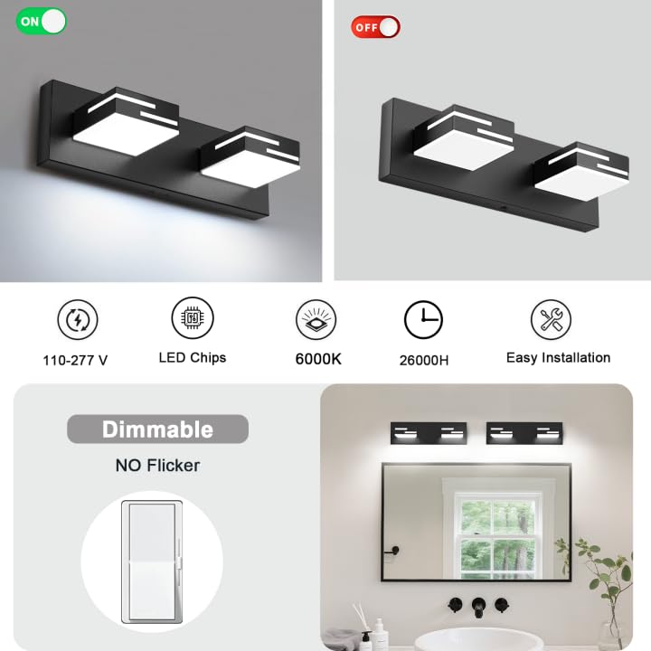 Image of LED Modern Bathroom Vanity Light Fixtures, Dimmable Matte Black Vanity Lights for Bathroom Lighting Fixtures Over Mirror, with 360 Rotatable Acrylic Heads 2-Light 16-inch (Cool White 6000K)
