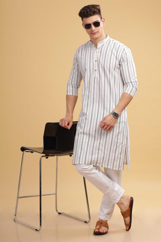 Be Active Men's Traditional Lining Stripe Stripes Design Full Sleeves Kurta || Cotton Kurta For Men || Men Kurta For Wedding || Kurta For Men (Sk0868 1 M) White