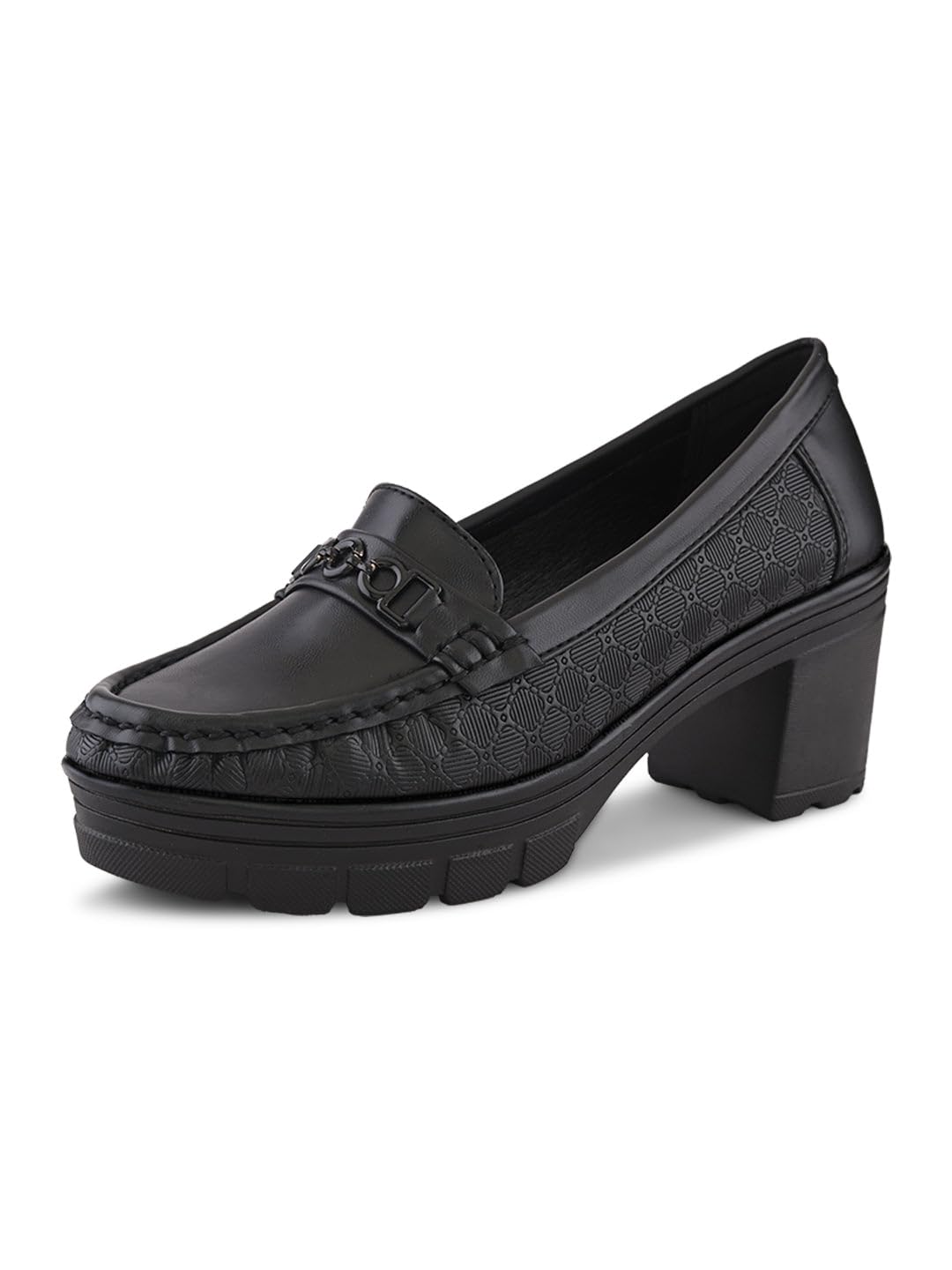 Women’s Slip-On Platform Moccasin Loafers with Buckle Accent | Embossed Textured Design | Soft Cushioned Footbed | Smart Workwear Shoes for Girls & Women-image-19