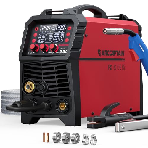 ARCCAPTAIN Poste à Souder MIG MAG, 200Amp 6 en 1 Gaz MIG/Sans gaz Flux Core MIG/Électrode Enrobée/Lift TIG/Soudage par points/Pistolet à fil 230V Machine de soudage multi-processus en aluminium