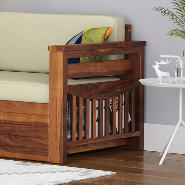 Image of Sheesham Wooden Sofa Cum Bed for Living Room with Side Pocket Storage - 3 Seater Sofa Cum Bed with Storage - 3 Person Sofa Cuma Bed Wooden with Premium Cushion Seating (Honey Finish)