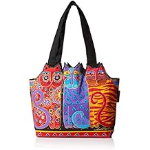 Zeckos Laurel Burch Medium Canvas Tote Zipper Top Satchel in Red Orange Blue for Women