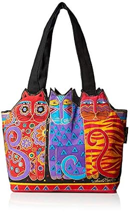 Zeckos Laurel Burch Medium Canvas Tote Zipper Top Satchel in Red Orange Blue for Women