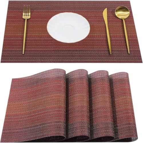 Image of Potency Table Mats Set of 6, Woven Placemats for Dining Table, Heat-Resistant, Stain-Resistant, Anti-Skid, Washable PVC Table Mats, Vinyl Placemats for Dining, Kitchen & Restaurant Table (H Red)