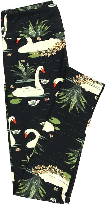 Lularoe One Size OS Swans Lotus Black White Green Leggings fits Adult Women Sizes 2-10 4629-C3