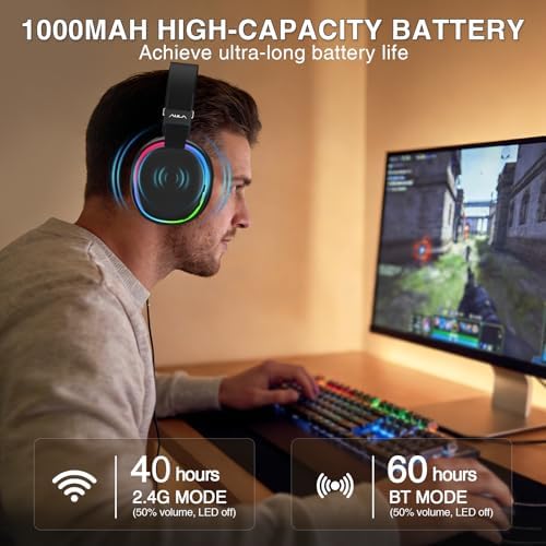 AULA G7 Wireless Gaming Headset with Detachable Noise Canceling Mic, 40mm Driver, BT5.3 Gaming Headphones with RGB Light, 10ms Latency,60Hr Battery,PC Gaming Headset for PS5,PS4,PC,Wired Mode for Xbox - 5