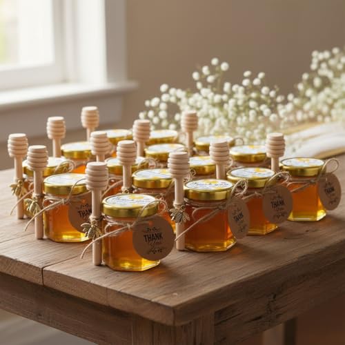 Miniatura 6 de Paquete De 20 Mini Tarros De Miel Hexagonales De 1,5 Oz Con Cucharones De Madera, Tapas Doradas, Colgantes De Abeja, Yute, Bolsas De Regalo Doradas, Perfecto Para Baby Shower, Recuerdos De Boda