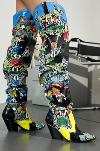 Cape Robbin Women's Thigh High Cowboy Boots with Chunky Heel - Faux Snakeskin Western Booties | Slip Resistant Block Heels for Fall Winter (Hilda)2