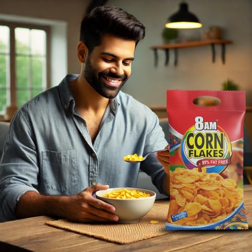 Image of 8AM Corn Flakes 200g, 92% Corn, 99% Fat Free, No Cholesterol, Trans Fat, Artificial Additives, Vitamins B1, B2, B3, B6, B9, Iron, Calcium, Crunchy & Nutritious Cereal