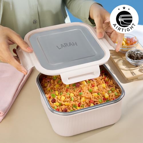 Image of Larah by BOROSIL Freshbyte Food Storage Container with Airtight Stainless Steel Lid | Fridge Container for Lunchbox | Food Grade | Microwave Safe (Beige, 1600 ml, Square)