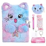 Motthjcw Cat Diary with Lock for Girls, 6 7 8 Year Old Girl Birthday Gift for Birthday Christmas, Cat Plush Secret School Travel Cute Notebook Set with Multicolored Pen Stickers Bracelet Purse etc