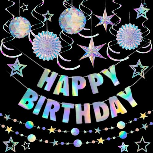 Image of Knitgrip 23 Pcs Iridescent Birthday Party Decorations Disco Sparkly Decorations Holographic Party with Mermaid Happy Birthday Banner Hanging Honeycomb Ball Paper Fan Snowflake Star