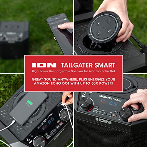 ION 50W Outdoor Echo Dot Speaker Dock/Portable Alexa Accessory With Bluetooth Connectivity and 50 Hour Rechargeable Battery-Tailgater Smart