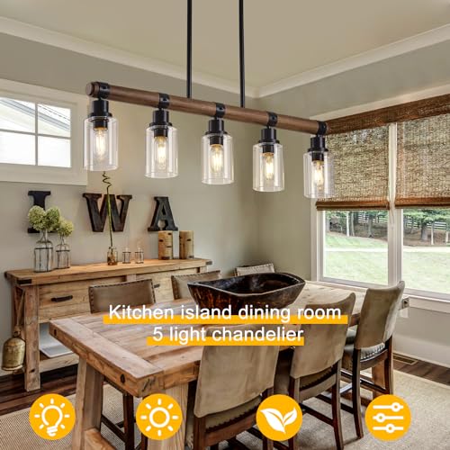 Maesta A012 Farmhouse Dining Room Light Fixtures Over Table, 5-Lights Adjustable Kitchen Island Lighting, Wood Island Light Fixture Rectangular Chandeliers Hanging Lighting thumb #4
