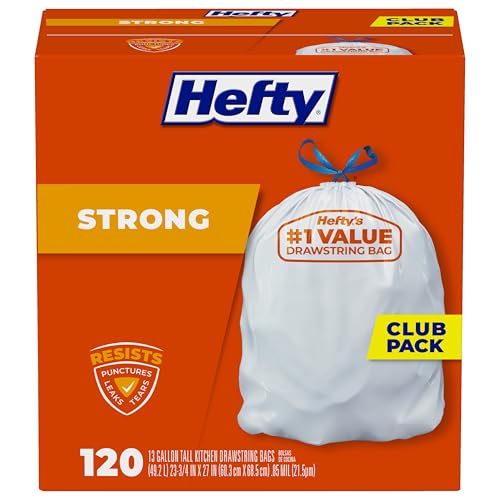 Hefty Strong White 13 Gallon Trash Bags with Drawstrings, Unscented Tall Kitchen Trash Bags, Resists Leaks, Punctures, and Tears, Durable Closure, 120 Ct.