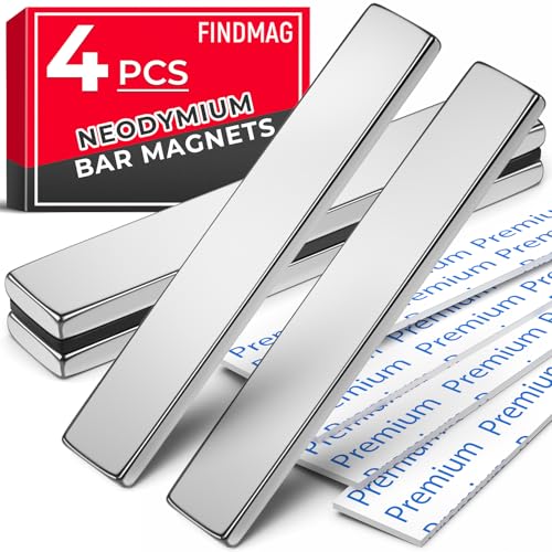 FINDMAG Paquete de 4 imanes de barra, imanes de tierra rara, resistentes y resistentes de neodimio con adhesivo de doble cara, 60 x 10 x 3 mm