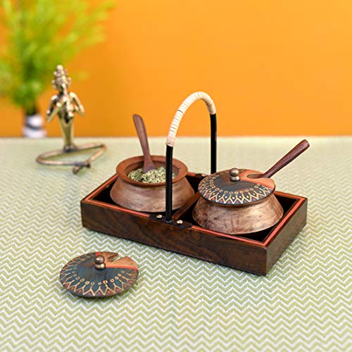 Image of AAKRITI ART CREATIONS Wooden Handi Set with Stylish Metal Handle Tray | Abstract Art Brown Matte Finish | Metal & Wood Handcrafted Serving Set | Decorative Kitchen & Dining Table Organizer
