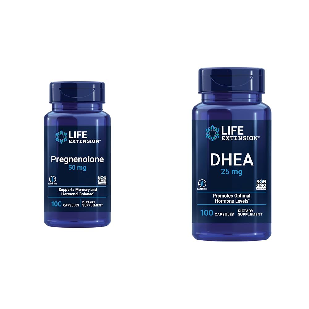 Pregnenolone 50mg and DHEA 25mg - Hormone Balance and Anti-Aging Supplements - 100 Capsules Each
