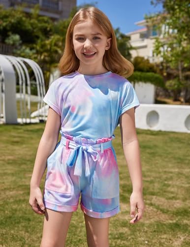 Image of Arshiner Girls' Tie Dye 2 Piece Outfit Summer Active Paper Bag Shorts Set Drop-shoulder Top and Pant Sets for Kids Girls Size 13-14