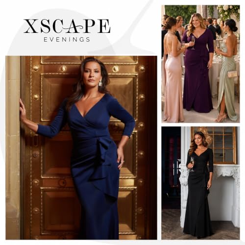Image of Xscape Women's Long Boat Neck Bodycon Evening Gown with 3 /4 Sleeves, Side Ruching, & Cascading Ruffle