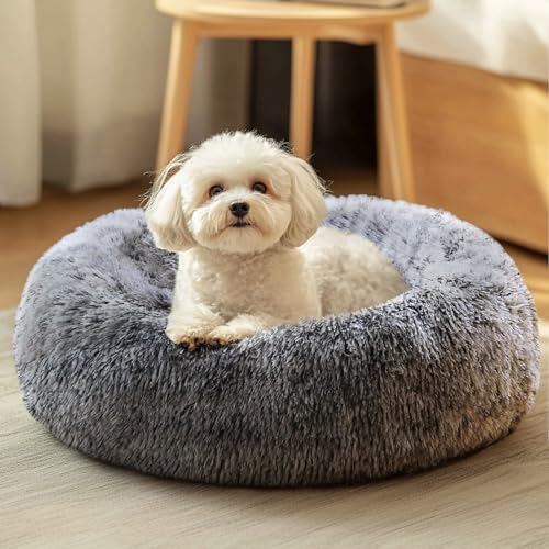 Image of JOLLYVOGUE Calming Donut Dog Bed & Cat Bed, Fluffy Faux Fur Plush Dog Cuddler Bed, Anti-Anxiety Dog Round Bed, Washable Warming Cozy Soft Dog Cat Cushion Bed for Small Dogs and Cats (20 inch)