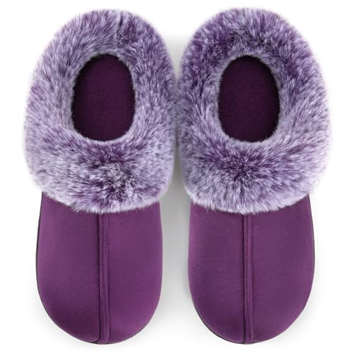 HomeTop Women's Classic Microsuede Memory Foam Slippers Durable Rubber Sole with Warm Faux Fur Collar (9-10 M, Purple)