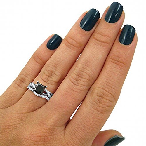 1.5 Ct Black Princess Cut Diamond Engagement Ring Bridal Set 10k White Gold4