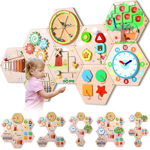 9Pcs Hexagon Activity Wall Busy Board Panels Wooden Sensory Wall Panel for Kids Montessori Learning Activity Center Educational Toys for Toddler Playroom Daycare Nursery Classroom Birthday Gifts