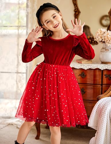 Arshiner Toddler Tutu Dresses Little Girls Velvet Tulle Fall Winter Long Sleeve Ruffle Holiday Party Dress 2-6Y2