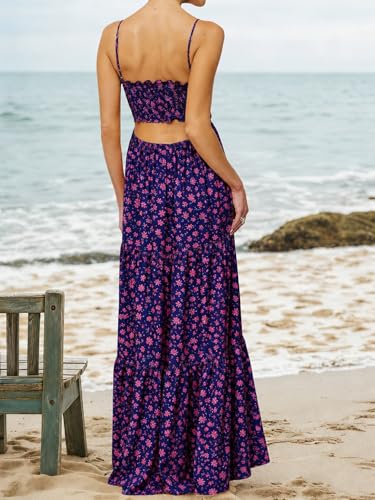 Image of Womens Summer Floral Spaghetti Strap Backless Low Cut Smocked Milkmaid Flowy Beach Sundresses