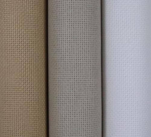 Image of KCS 3 pc of 15 inch x 18 inch(38cmx45cm) 16 Count Cross Stitch Cotton Aida Cloth Needlework Rolled Fabric Box,16CT,Khaki+Pearl Grey+White