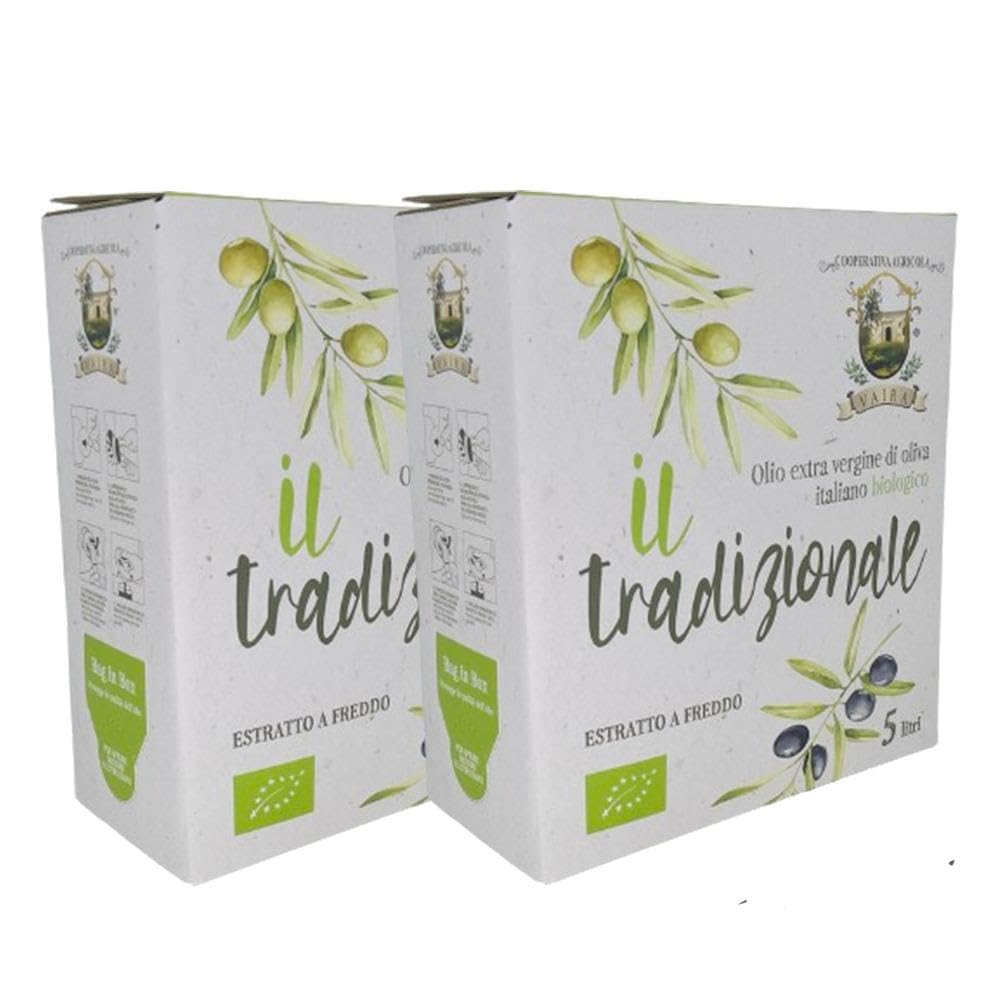 Aceite de oliva virgen extra orgánico italiano, Ogliarola Garganica italiana, aceite EVO extraído en frío, 100% aceite de Apulia, afrutado medio, paquete de 2 Bag in Box 3lt