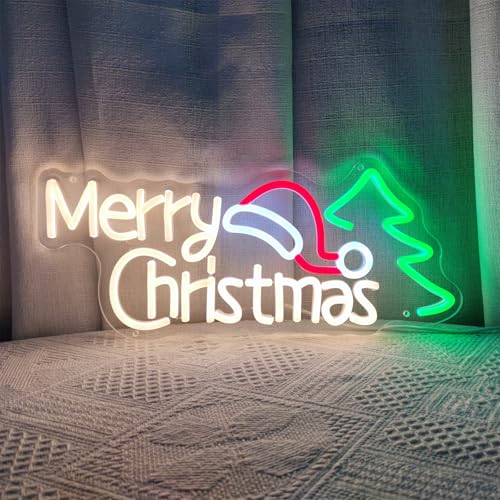 Image of Merry Christmas Neon Signs for Wall Decor, Christmas Hat & Tree Neon Signs, Led Lighted Signs for Home, Living Room, Bedroom, Happy Party & Bar Decoration, 16.9 inch x 7.5 inch