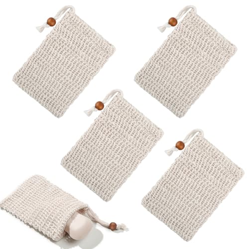 5 Stück Seifensäckchen Bio Natürliches Sisal Seifenbeutel Seifensäckchen für Feste Seife Sicherer und Langlebiger Sisalfaser Seifensäckchen Kordelzug Massage Seifensack für Feste Seife Mesh