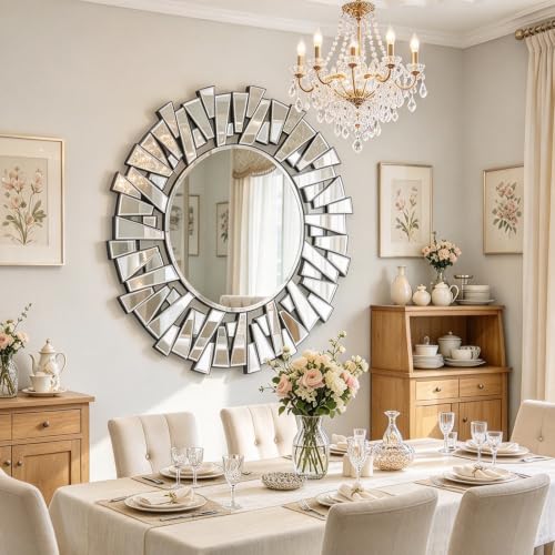 Image of 40 inch Large Living Room Mirror for Decor, Big Round Wall Mirror with Irregular Glass Frame for Bathroom, Entryway, Bedroom, Hallway, Vertically Hang