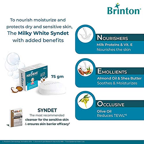 Image of Brinton Neobar Baby Soap for Bathing, Moisturizing, Gentle Cleansing, Skin Friendly, Daily Care, pH 5.5, White, 75 g, Pack of 4