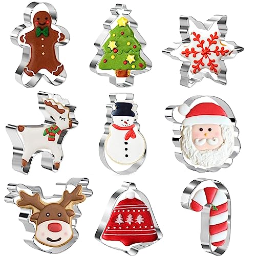 Kerst Cookie Cutter Set, 9 stuks - Sneeuwvlok, Peperkoekman, Kerstboom, Sneeuwpop, Rendierhoofd, Bel, Kerstmangezicht, Rendier, Zuurstok, roestvrij stalen koekjessnijder