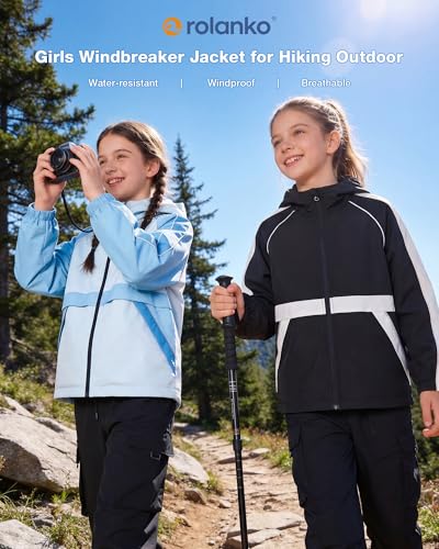 Image of Rolanko Girls Windbreaker Jacket Lightweight Water Resistant Hooded Outwear Jacket for Kids Boys Outdoor Hiking School Travel